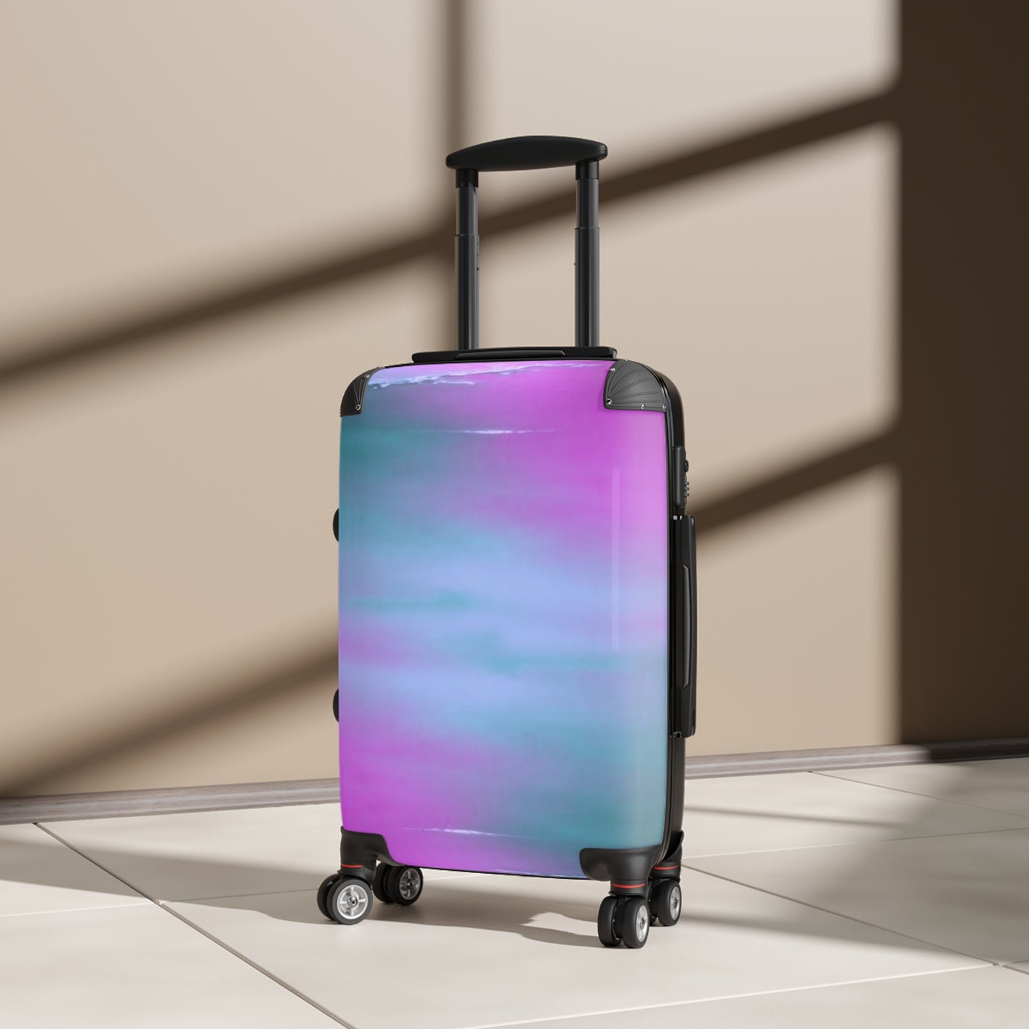 Dark Blue Green Sea Purple Fog Small Suitcase with built in lock, 4 double-wheels, telescopic handle, and ABS back hard-shell