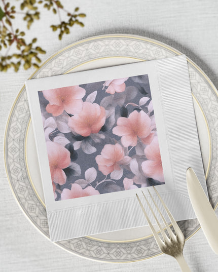 Peach and Blue Gray Floral Bunch White Coined Napkins, 6.5" x 6.5"