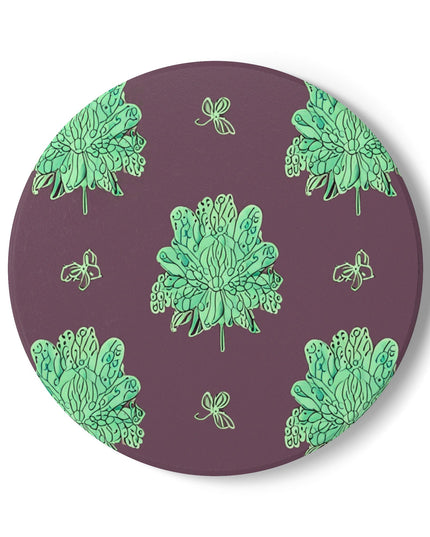Mint Green Floral Butterflies 4" x 4" Round Ceramic Coaster