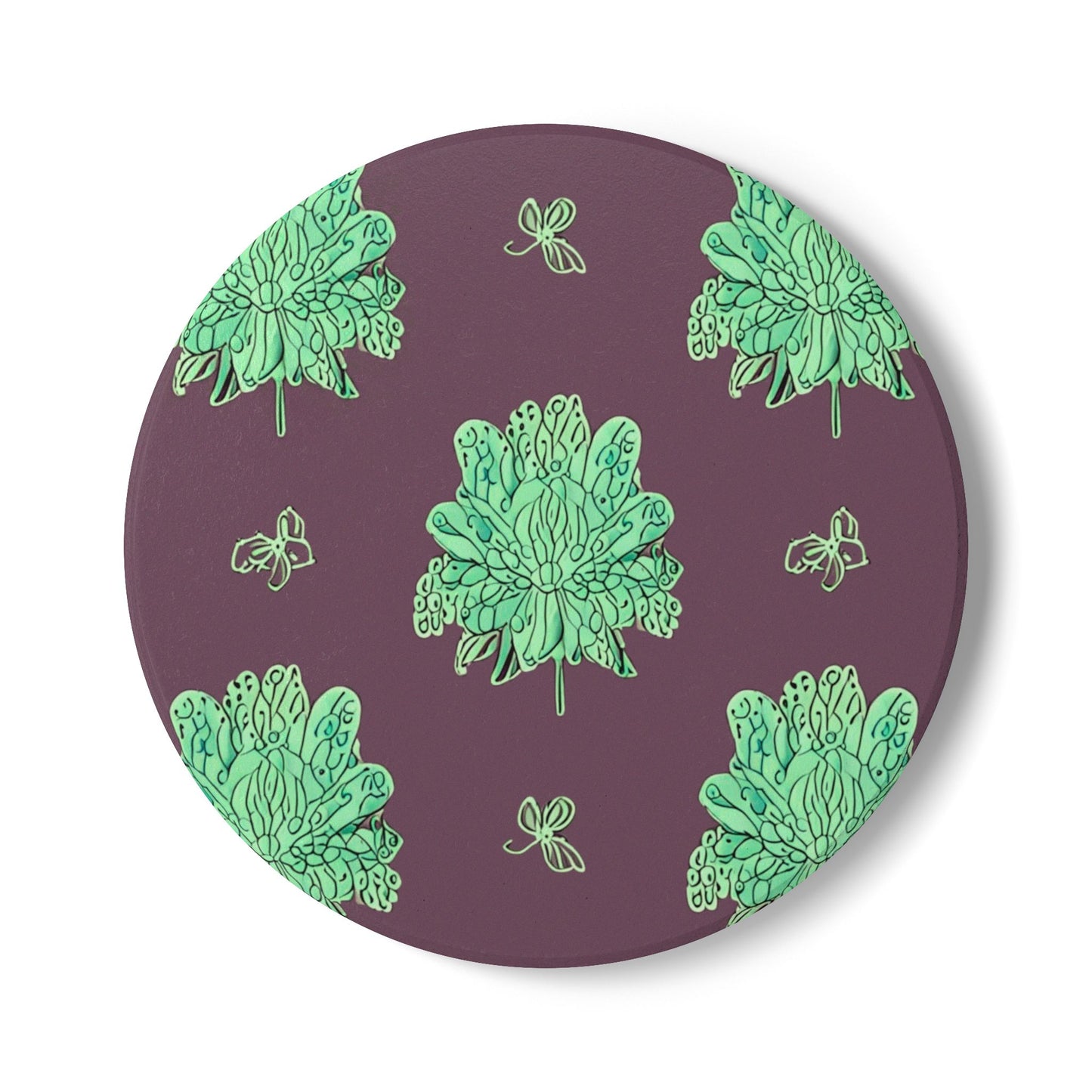 Mint Green Floral Butterflies 4" x 4" Round Ceramic Coaster