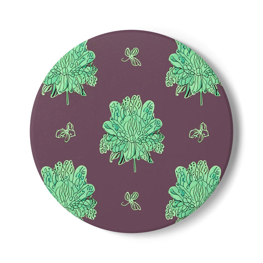 Mint Green Floral Butterflies 4" x 4" Round Ceramic Coaster