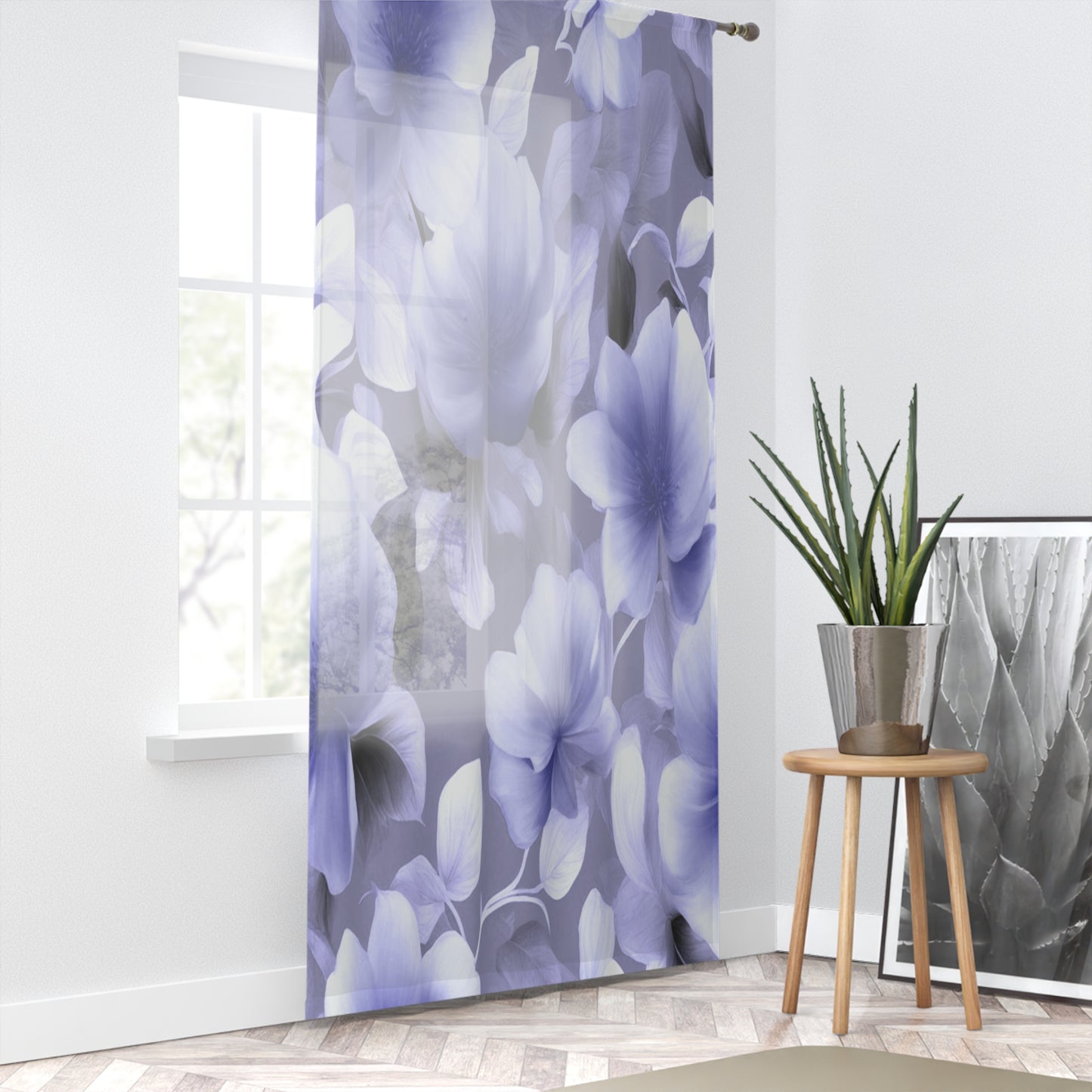 Indigo Blossom Floral Bunch Sheer Window Curtain, 50" x 84", partially transparent