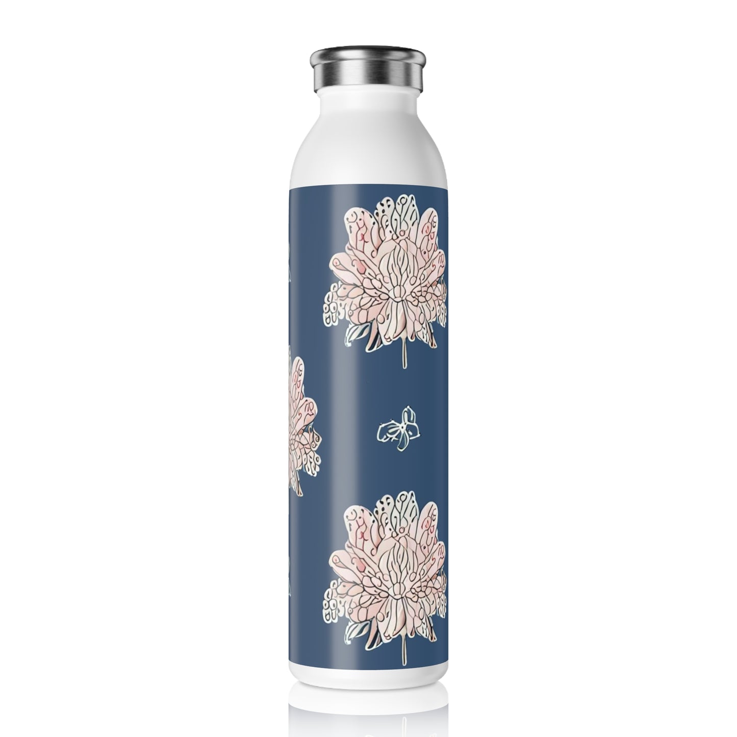 Rose White Floral Butterflies Slim Water Bottle, 20 oz White