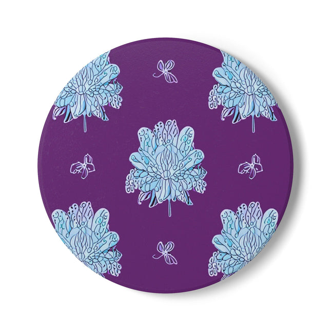 Blue Floral Butterflies 4" x 4" Round Ceramic Coaster