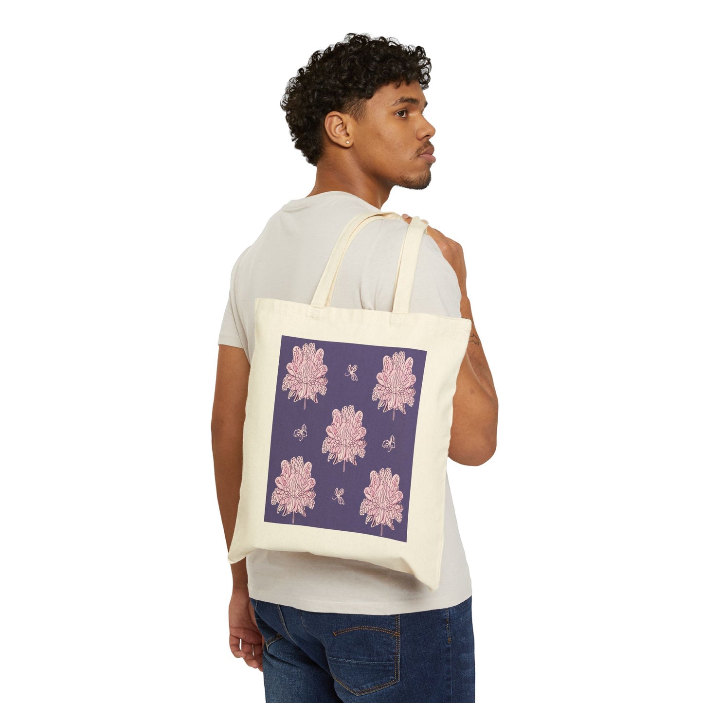Magenta Floral Butterflies Cotton Canvas Tote Bag