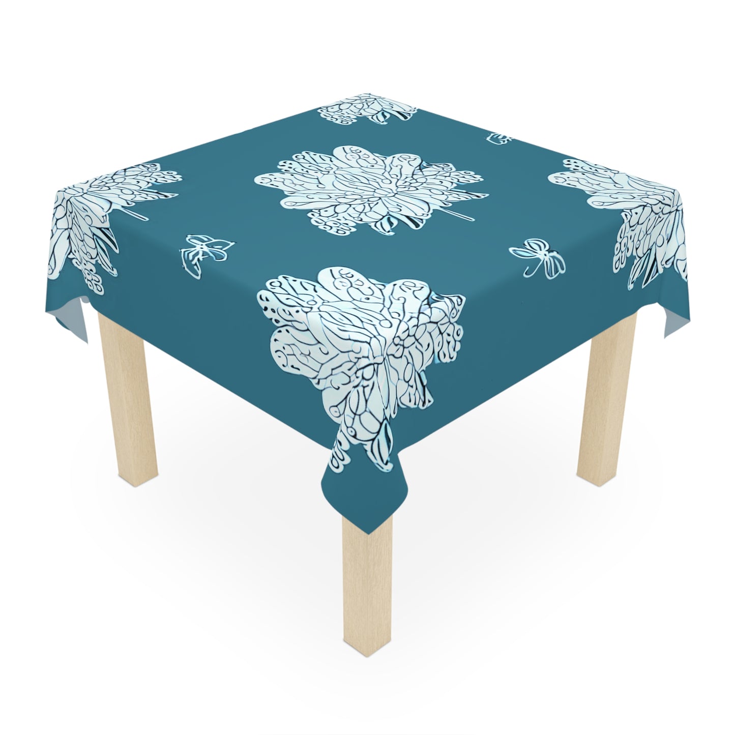 Tif Green White Floral Butterflies Tablecloth, 55" x 55"