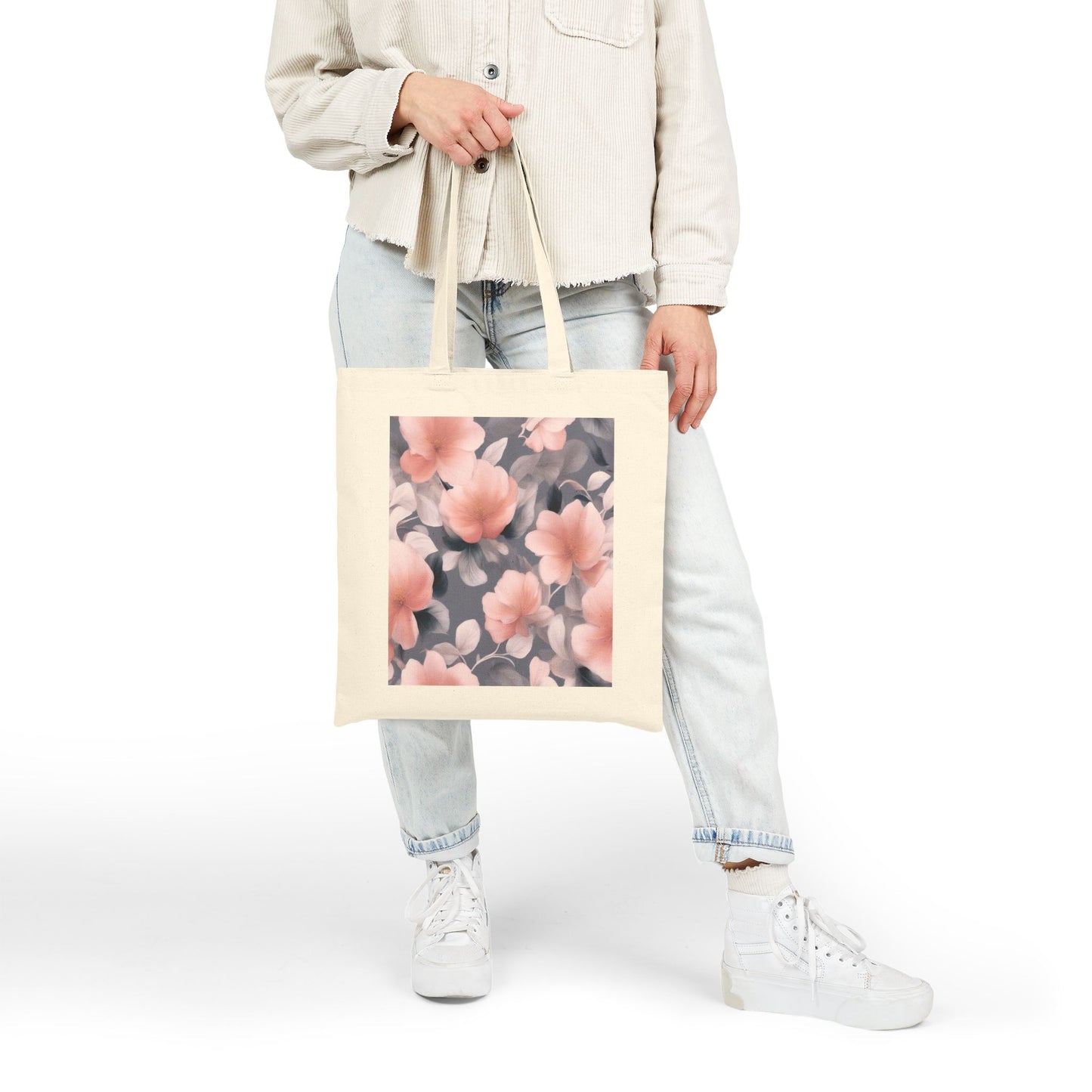 Peach and Blue Gray Floral Bunch Cotton Canvas Tote Bag