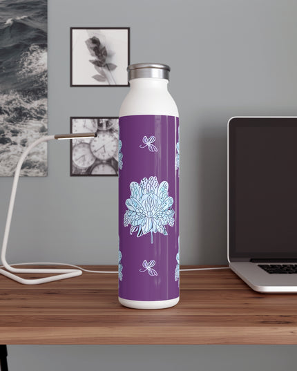 Blue Floral Butterflies Slim Water Bottle, 20 oz White