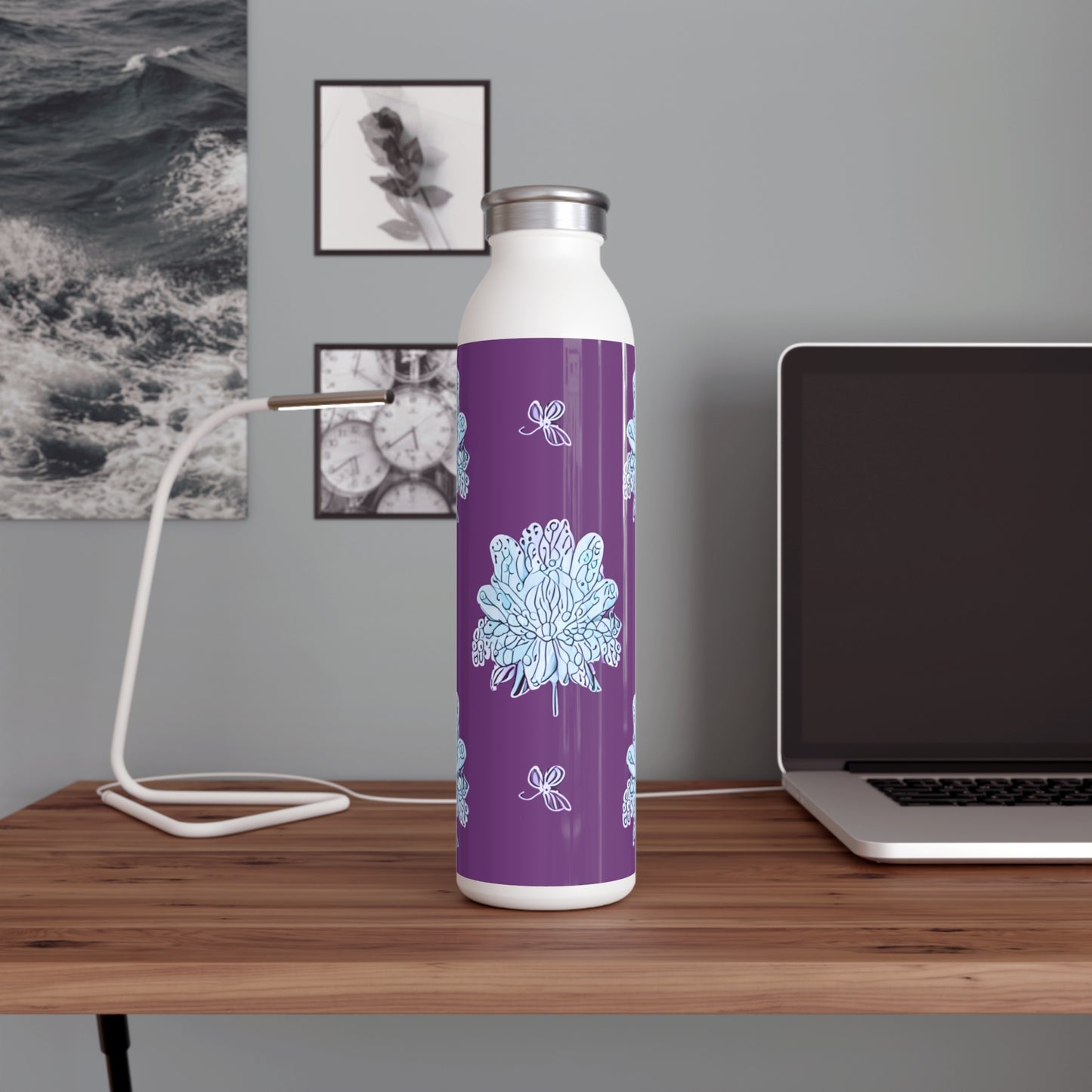 Blue Floral Butterflies Slim Water Bottle, 20 oz White