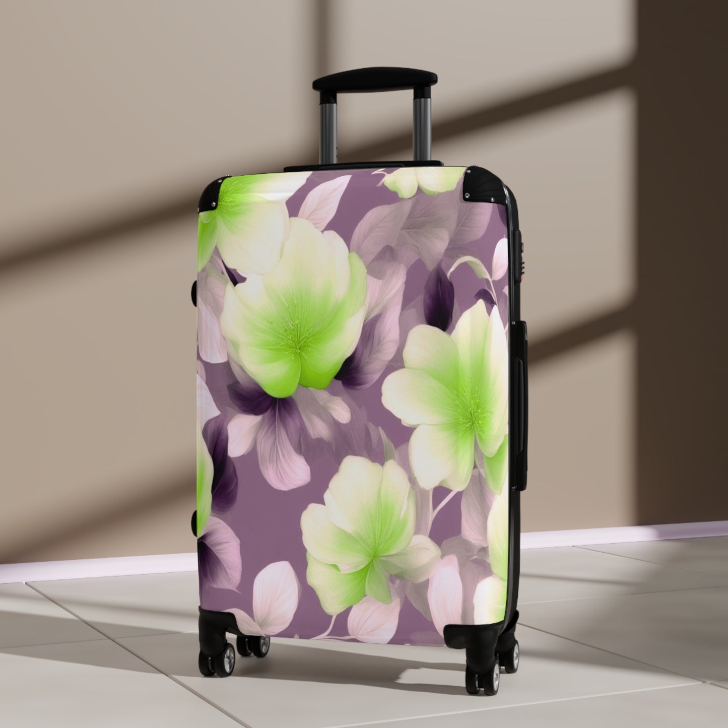 Lime Lavender Floral Bunch Medium Suitcase with built in lock, 4 double-wheels, telescopic handle, and ABS back hard-shell