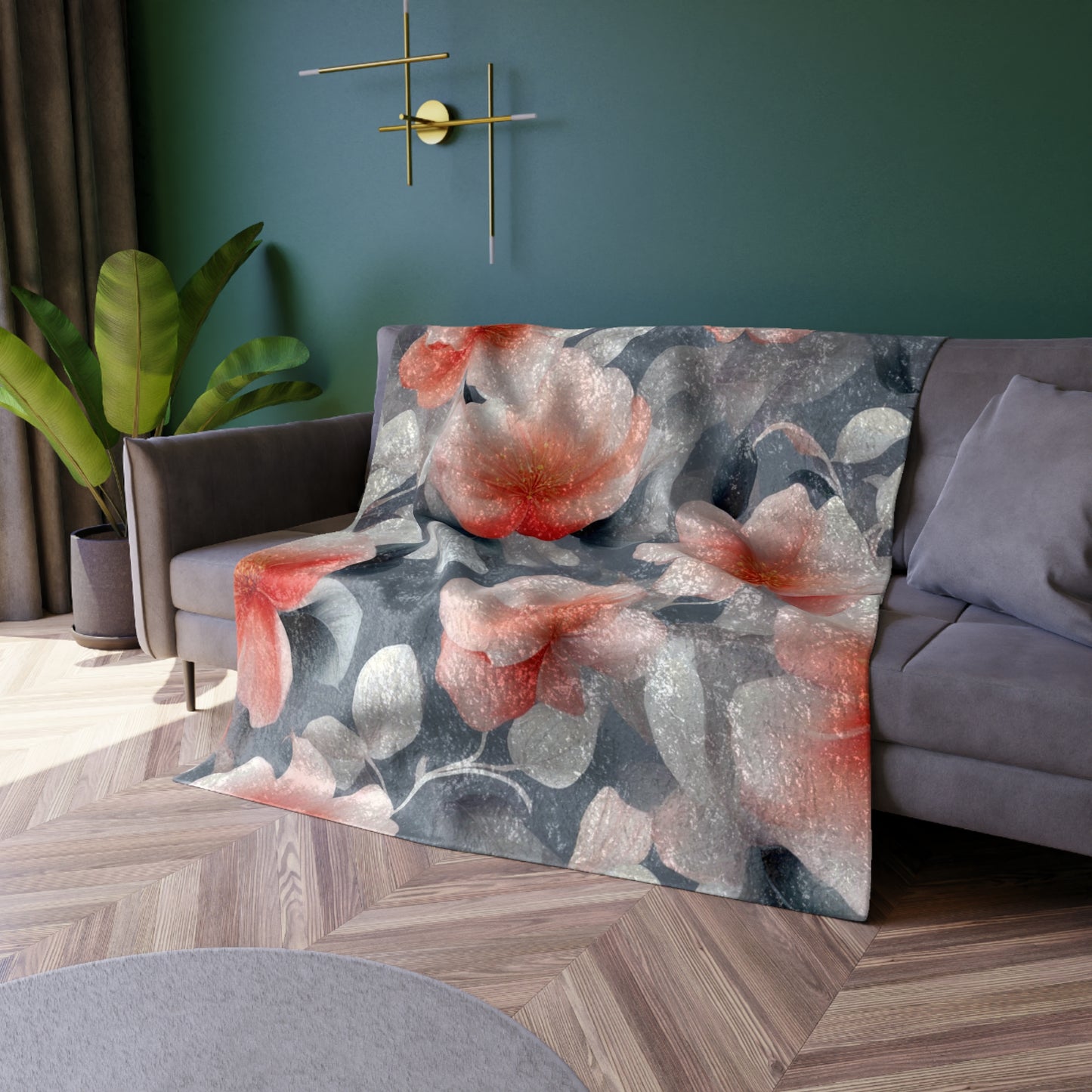 Red Blossom Floral Bunch Crushed Velvet Blanket, 50" x 60"