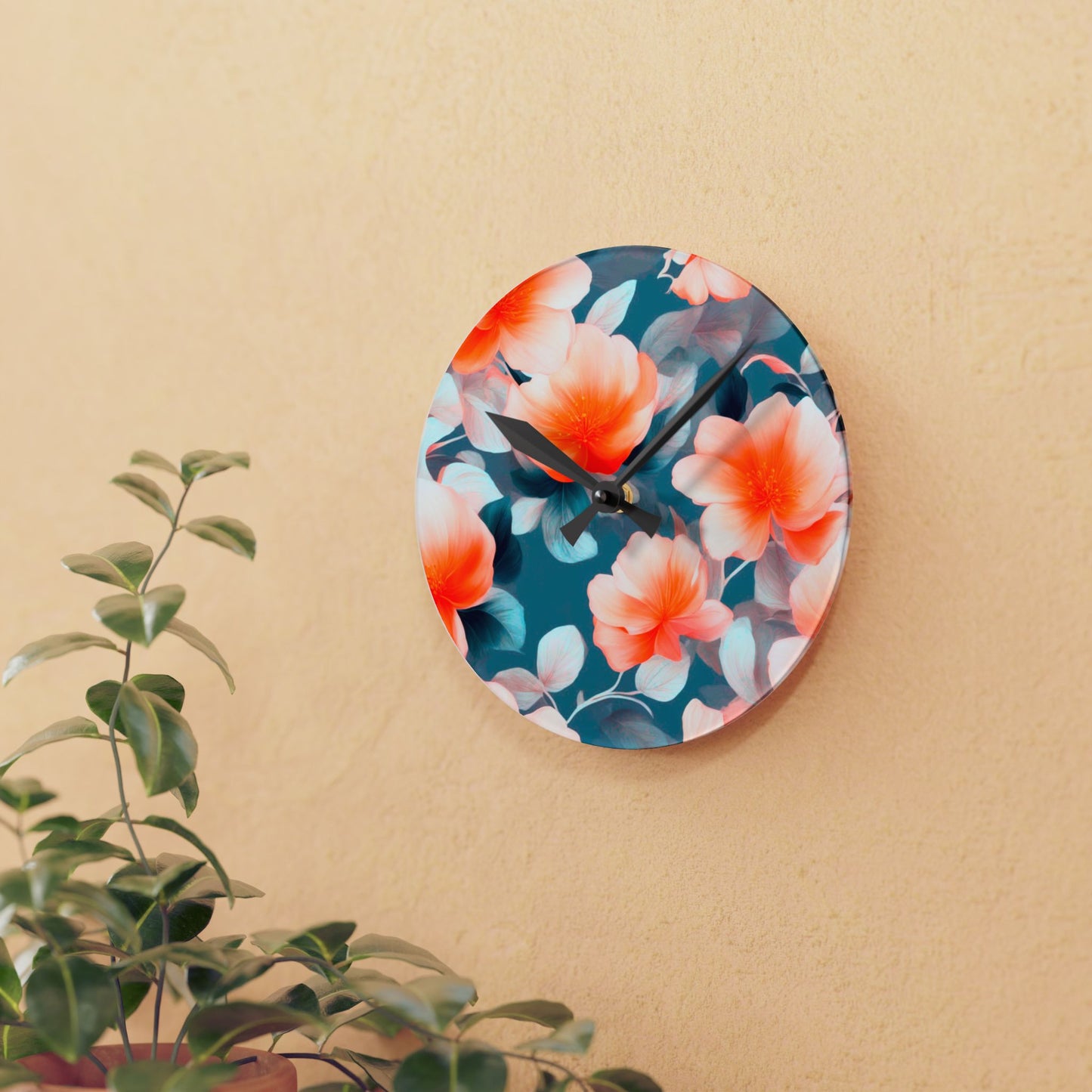 Orange Blossom Floral Bunch Acrylic Round Wall Clock, 8" x 8"