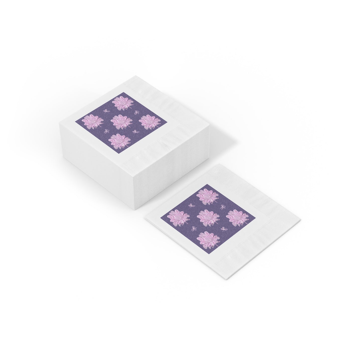 Magenta Floral Butterflies White Coined Napkins, 4.8" x 4.8"