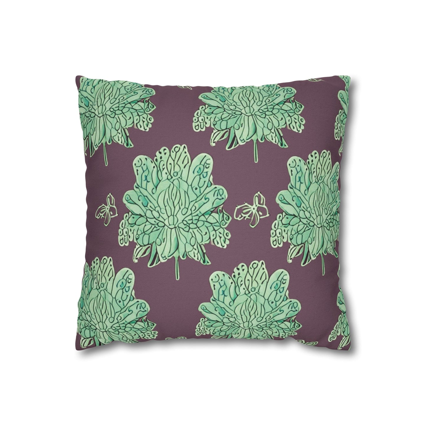 Mint Green Floral Butterflies Spun Polyester Square Pillowcase, 14" x 14"