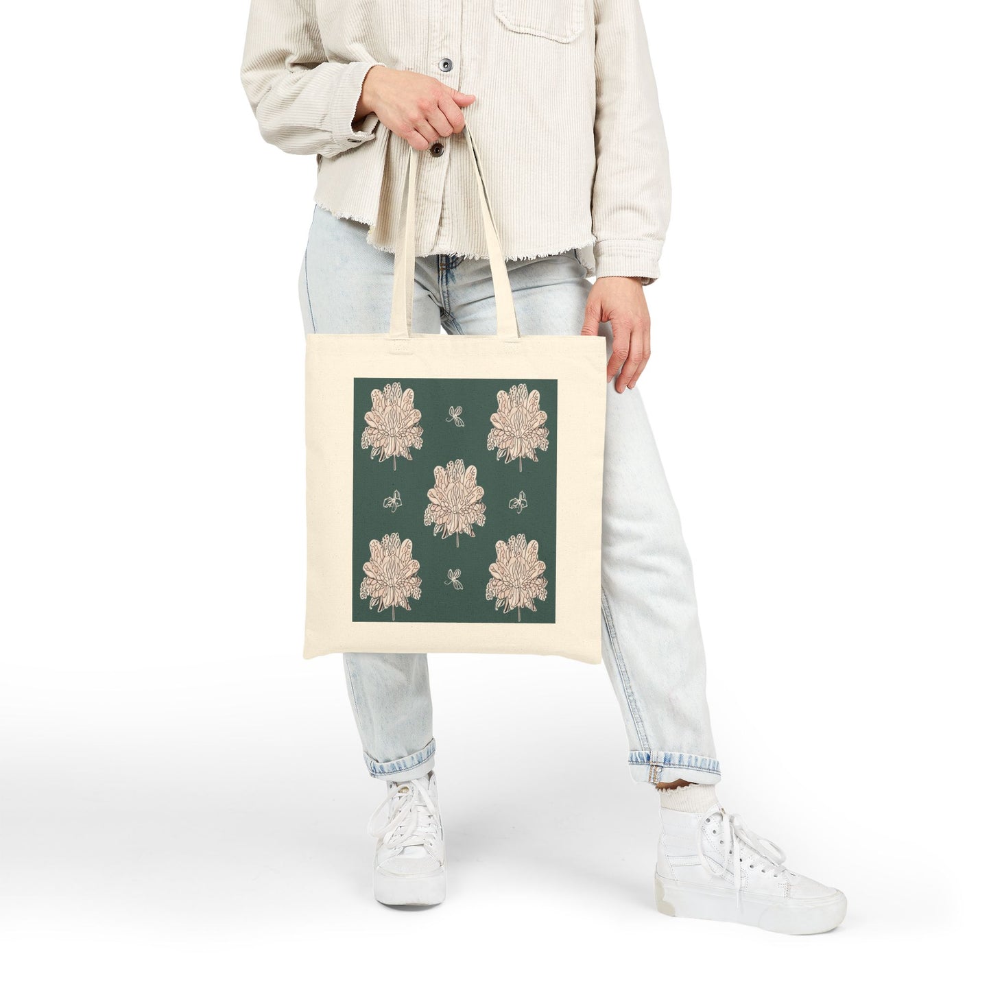 Soft White Floral Butterflies Cotton Canvas Tote Bag