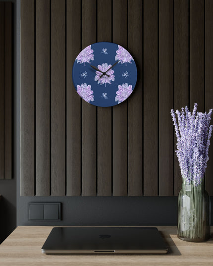 Purple White Floral Butterflies Acrylic Wall Clock, Round or Square, 10.75" x 10.75"