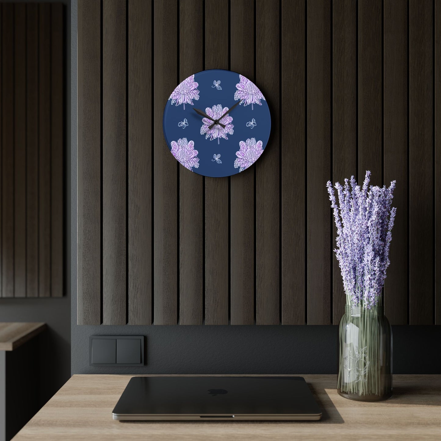 Purple White Floral Butterflies Acrylic Wall Clock, Round or Square, 10.75" x 10.75"
