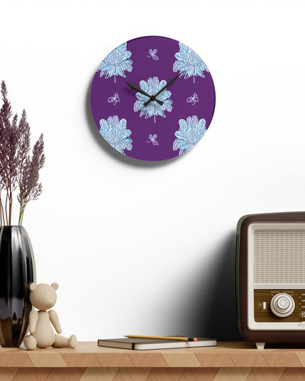 Blue Floral Butterflies Acrylic Wall Clock, Round or Square, 10.75" x 10.75"