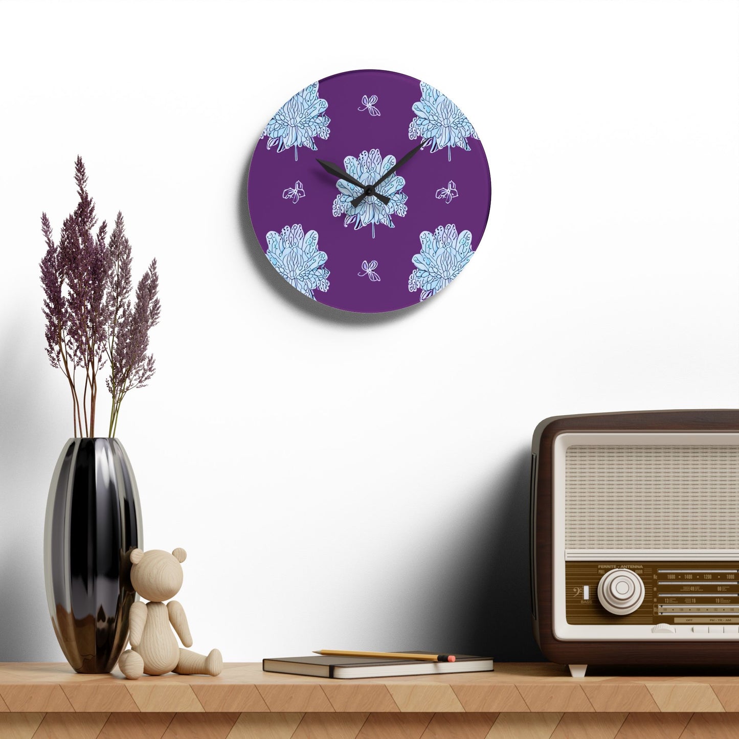 Blue Floral Butterflies Acrylic Wall Clock, Round or Square, 10.75" x 10.75"