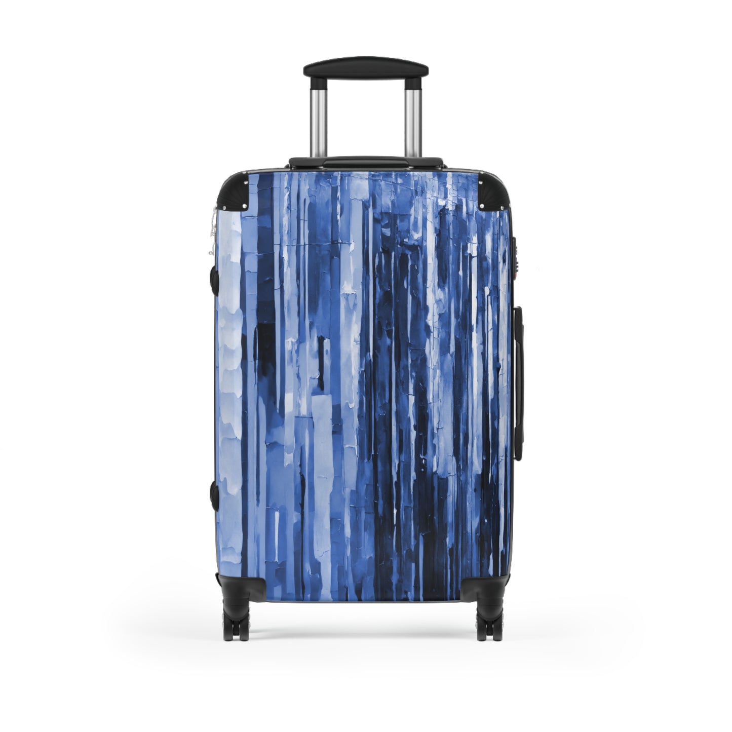 Striped Deep Blue Medium Suitcase with built in lock, 4 double-wheels, telescopic handle, and ABS back hard-shell