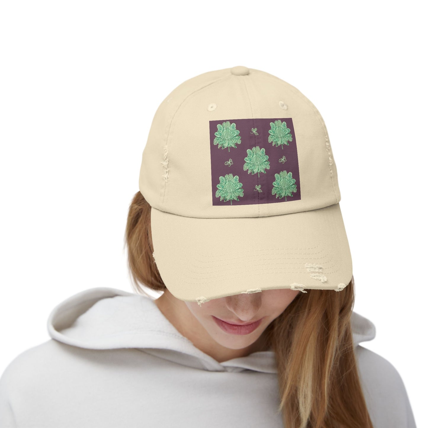 Mint Green Floral Butterflies Unisex Distressed Cap