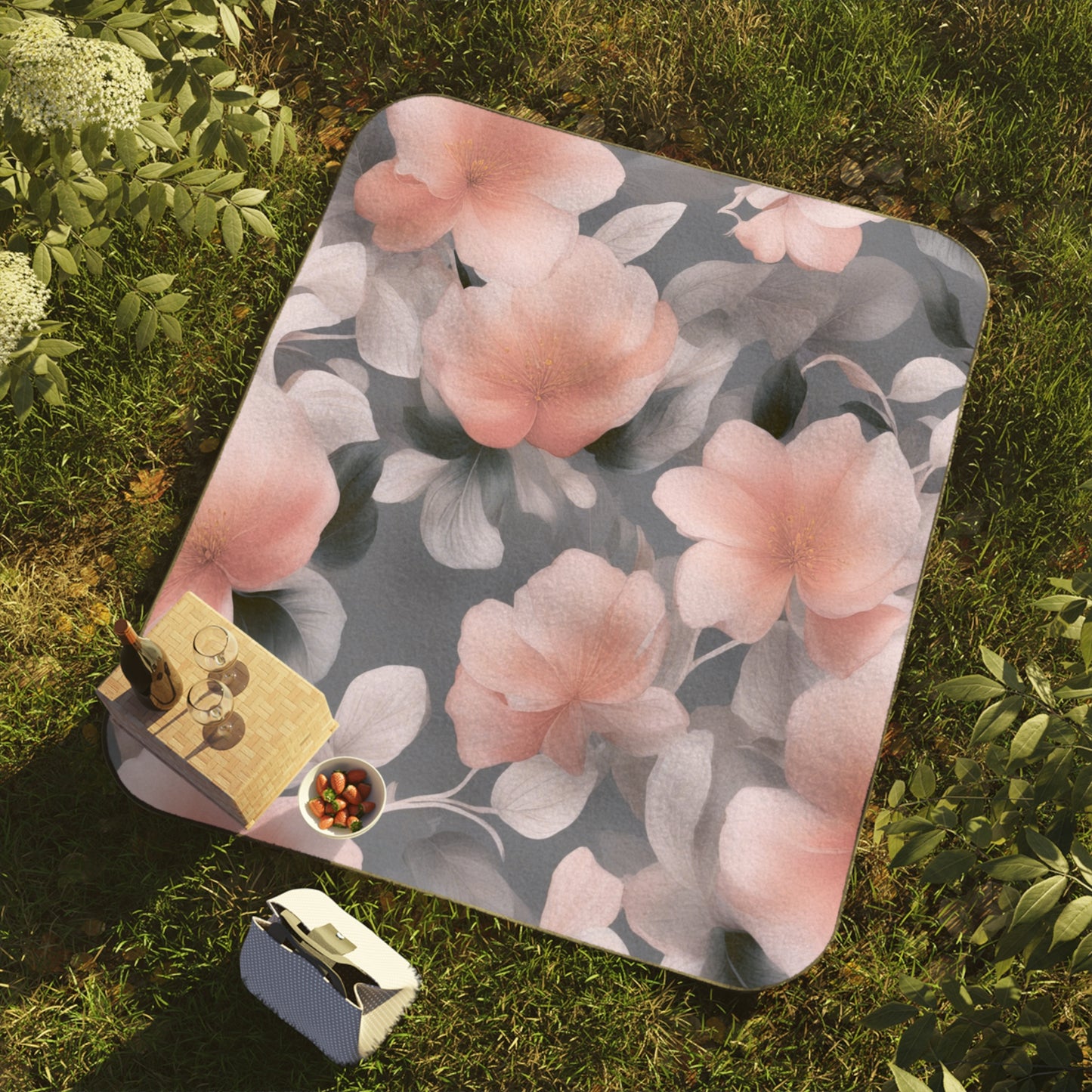 Peach and Blue Gray Floral Bunch 61" × 51" Picnic Blanket