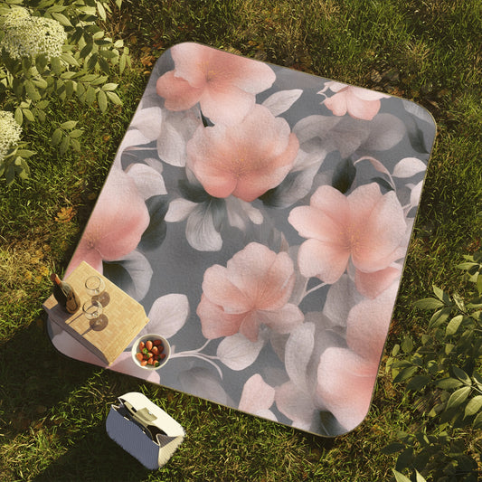 Peach and Blue Gray Floral Bunch 61" × 51" Picnic Blanket