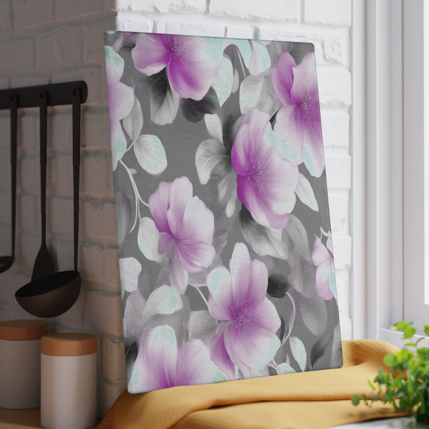 Purple Blossom Floral Bunch Glass Cutting Board, 11" x 15"