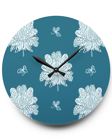 Tif Green White Floral Butterflies Acrylic Wall Clock, Round or Square, 10.75" x 10.75"