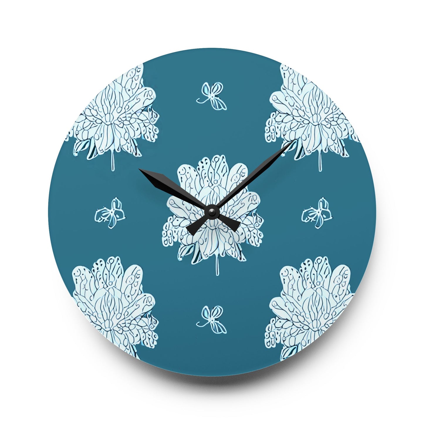 Tif Green White Floral Butterflies Acrylic Wall Clock, Round or Square, 10.75" x 10.75"