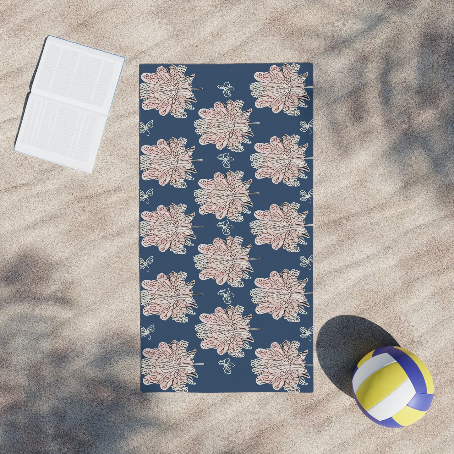 Rose White Floral Butterflies Beach Towel, 24" x 44"