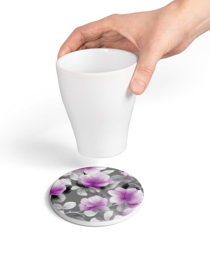 Purple Blossom Floral Bunch Round Ceramic Coaster, 4" x 4"