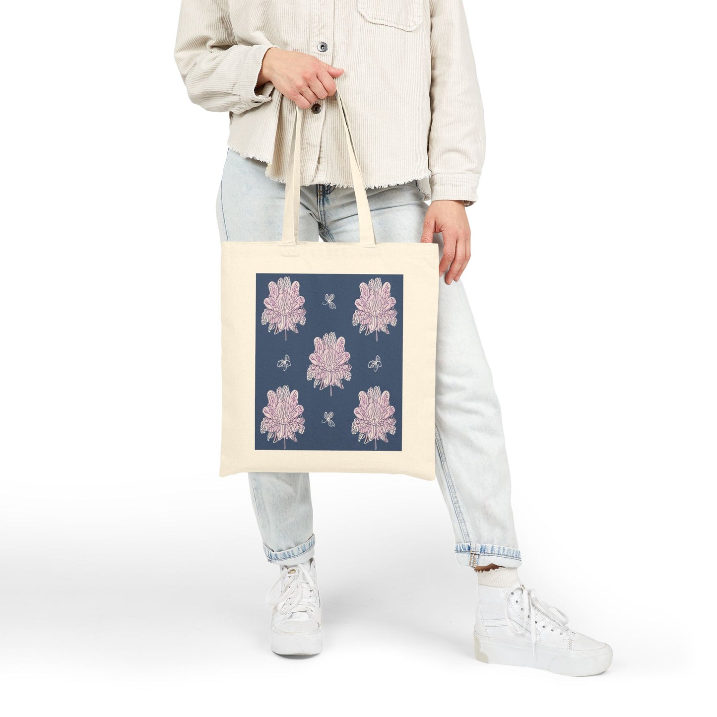 Purple White Floral Butterflies Cotton Canvas Tote Bag