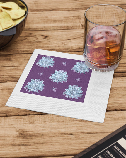 Blue Floral Butterflies White Coined Napkins, 6.5" x 6.5"