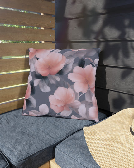 Peach and Blue Gray Floral Bunch Outdoor Pillow, 16" x 16"
