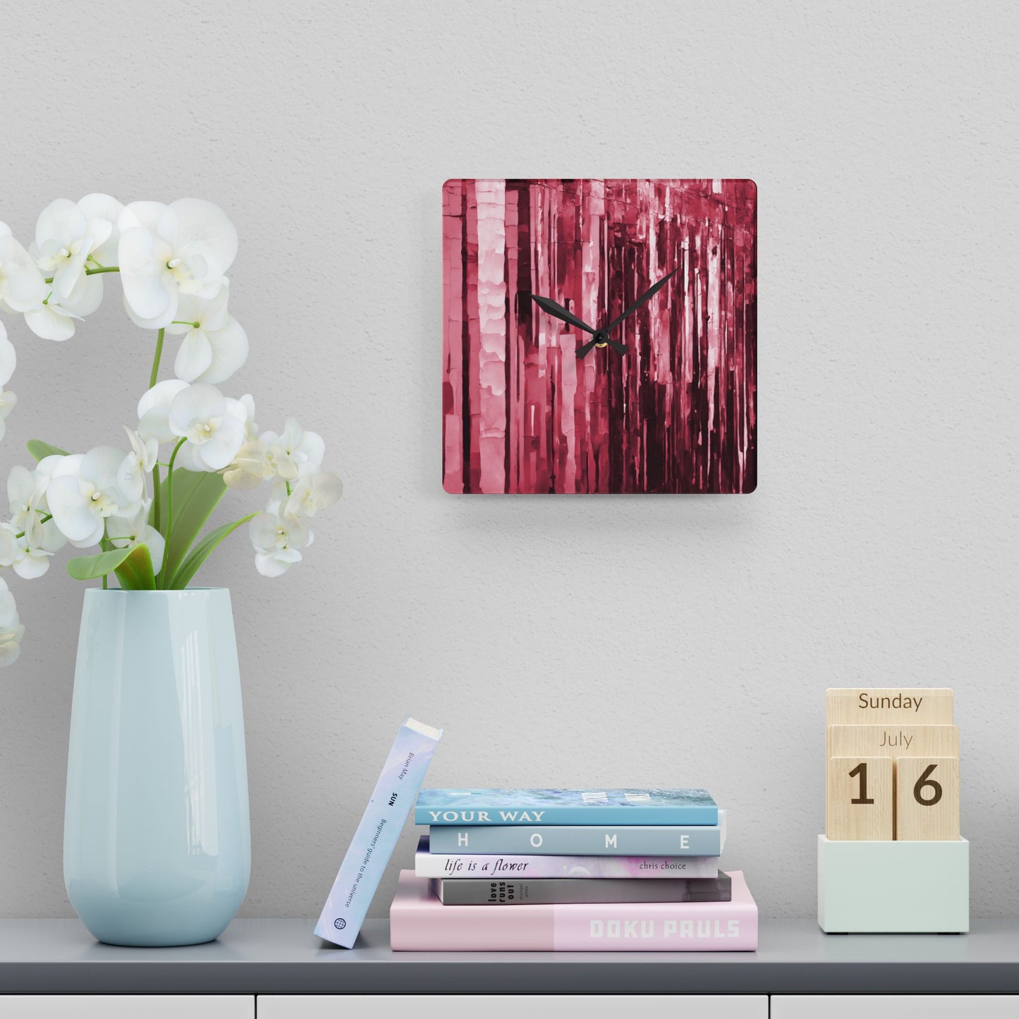 Striped Ruby Acrylic Wall Clock, Round or Square, 10.75" x 10.75"