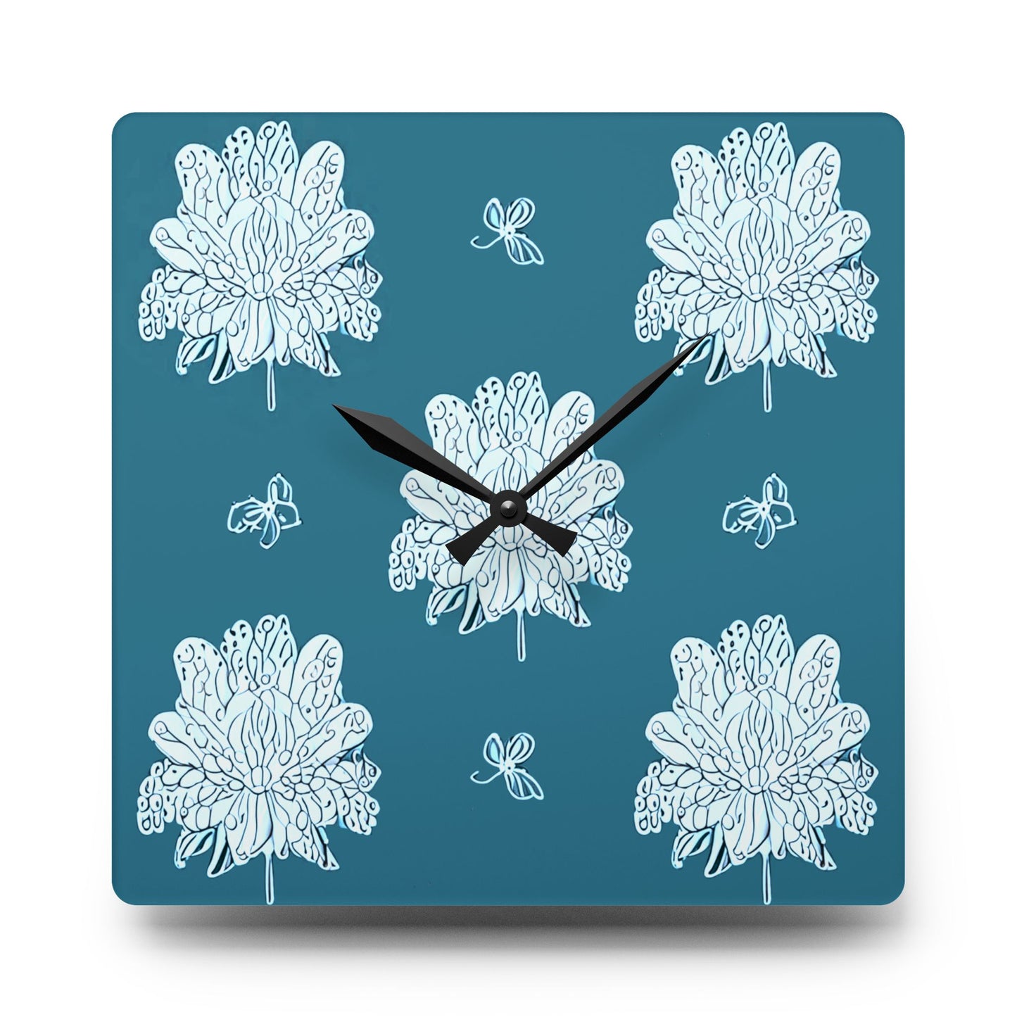 Tif Green White Floral Butterflies Acrylic Wall Clock, Round or Square, 10.75" x 10.75"