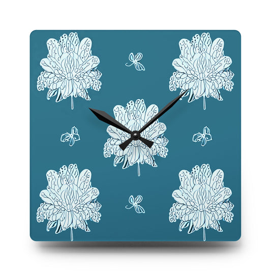 Tif Green White Floral Butterflies Acrylic Wall Clock, Round or Square, 10.75" x 10.75"