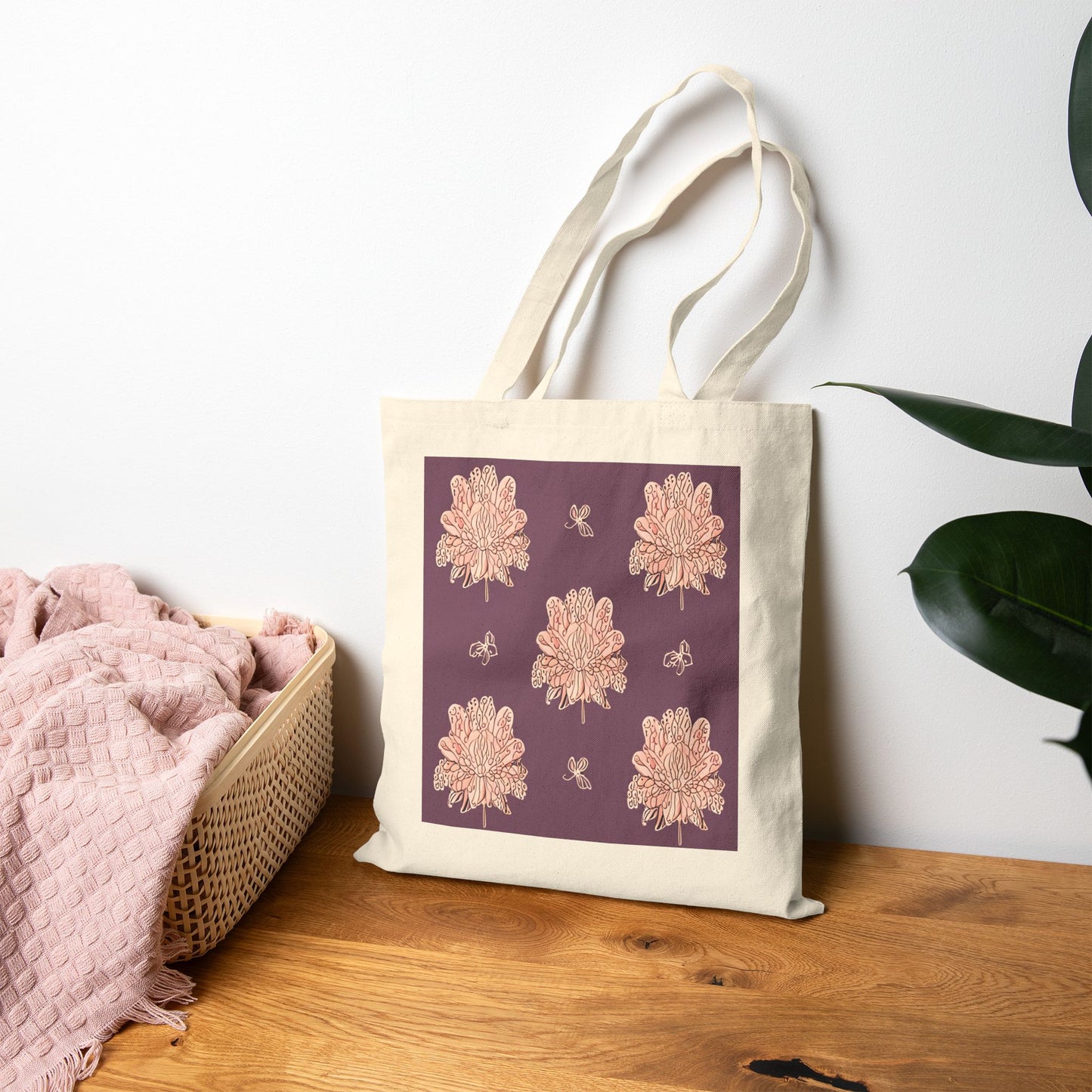 Pink Floral Butterflies Cotton Canvas Tote Bag