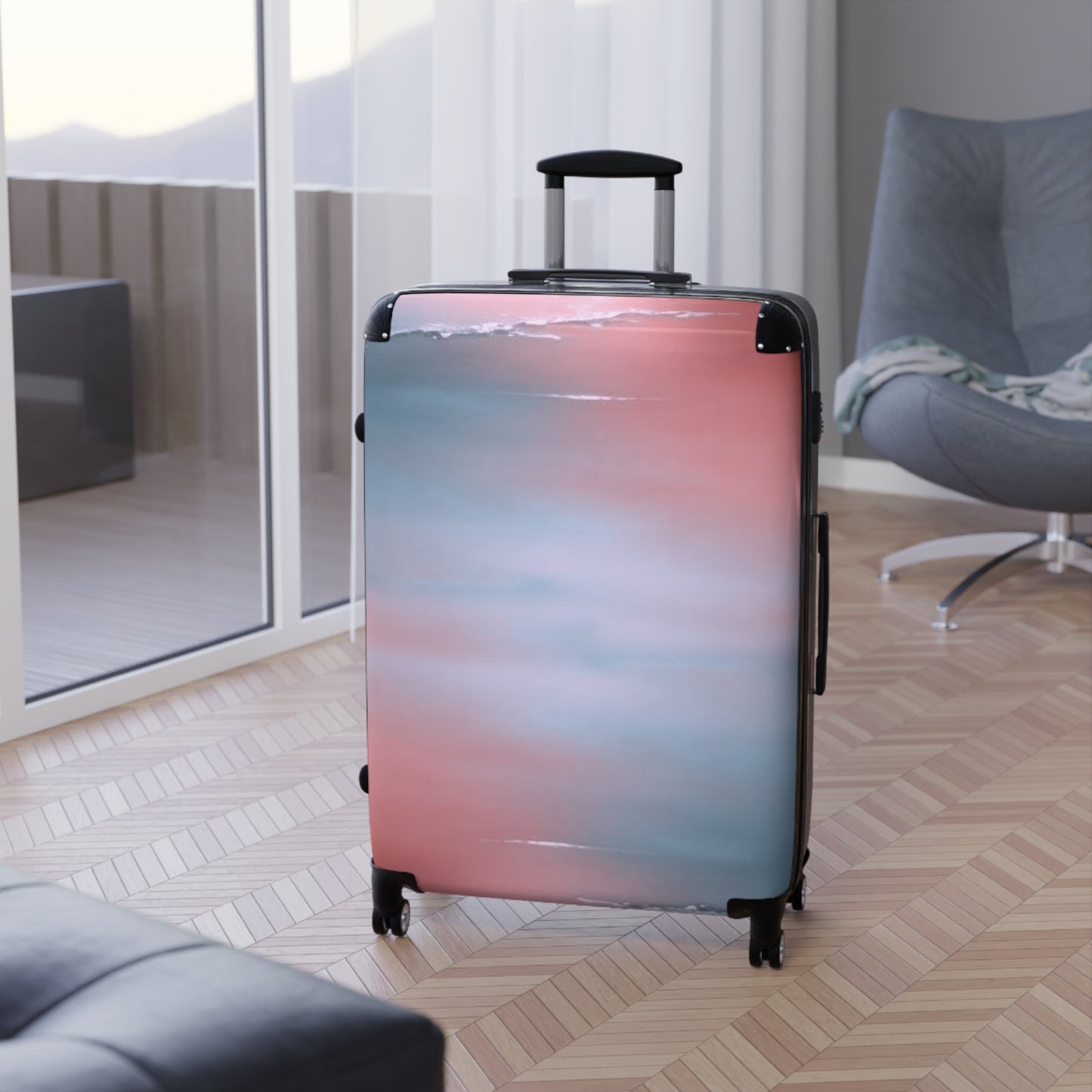 Gray Sea Pink Fog Large Suitcase with built in lock, 4 double-wheels, telescopic handle, and ABS back hard-shell