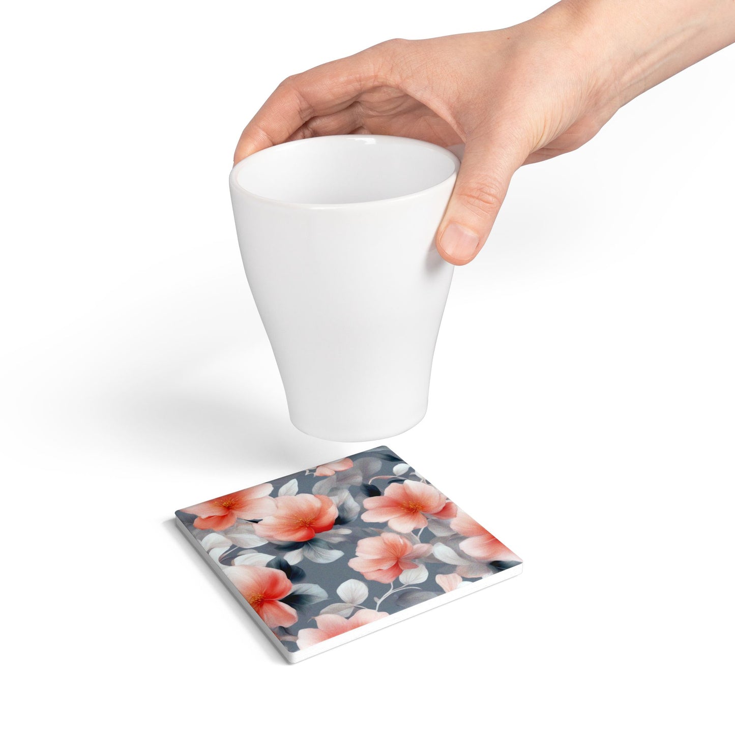 Red Blossom Floral Bunch Square Ceramic Coaster, 4" x 4"