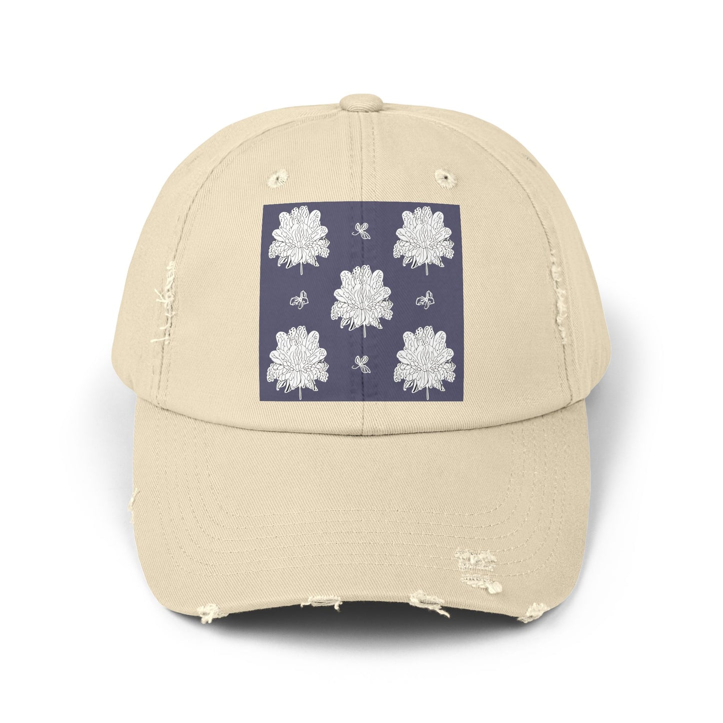 White Floral Butterflies Unisex Distressed Cap