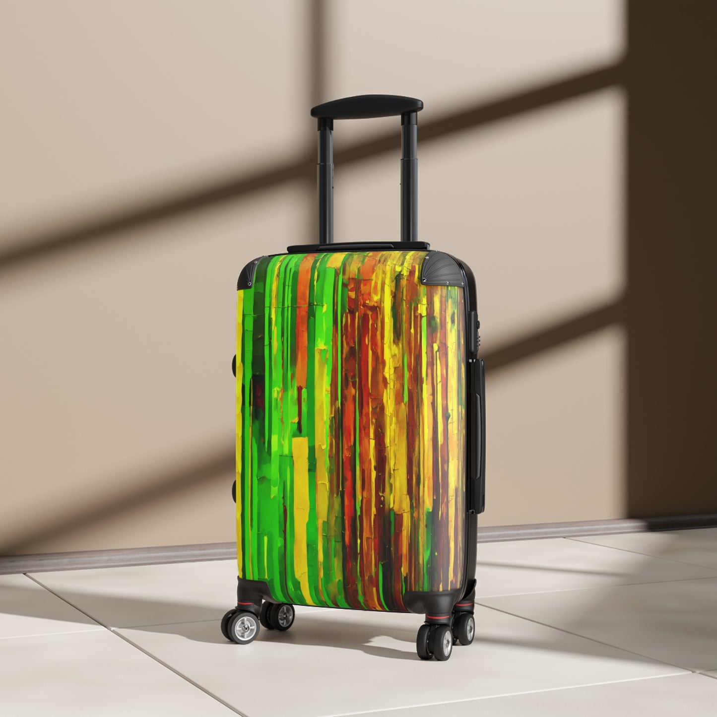 Striped Blue Green Small Suitcase with built in lock, 4 double-wheels, telescopic handle, and ABS back hard-shell