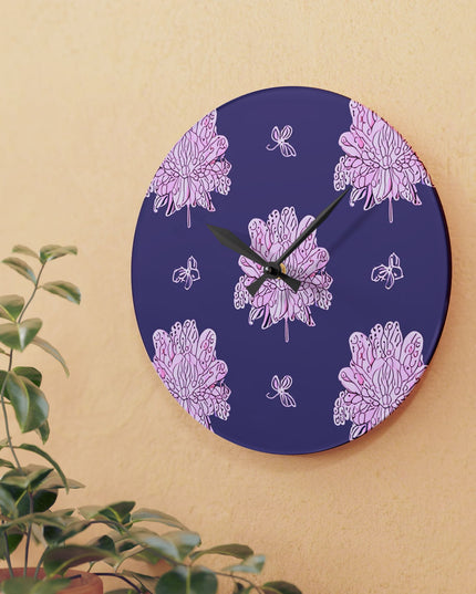 Magenta Floral Butterflies Acrylic Wall Clock, Round or Square, 10.75" x 10.75"