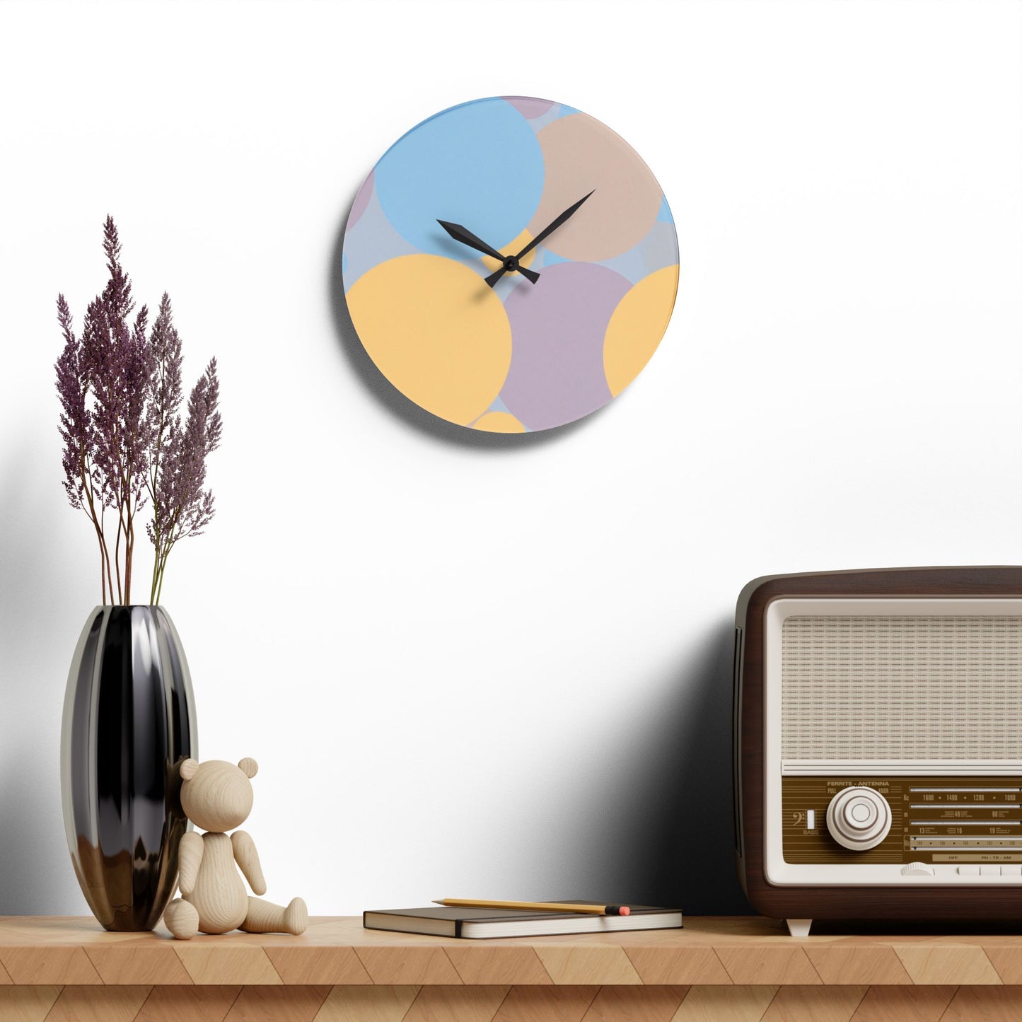Pastel Baby Blue and Peach Patches Acrylic Wall Clock, Round or Square, 10.75" x 10.75"