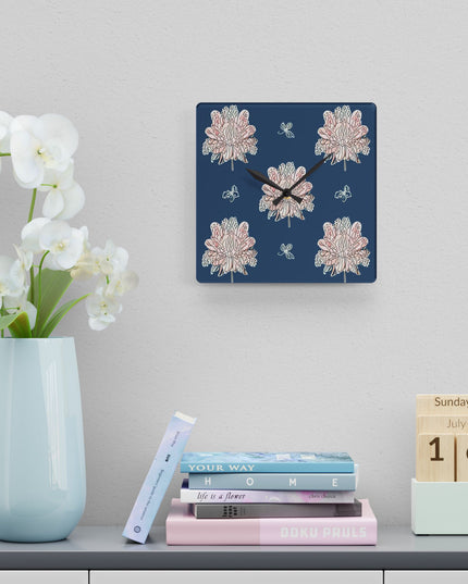 Rose White Floral Butterflies Acrylic Wall Clock, Round or Square, 10.75" x 10.75"