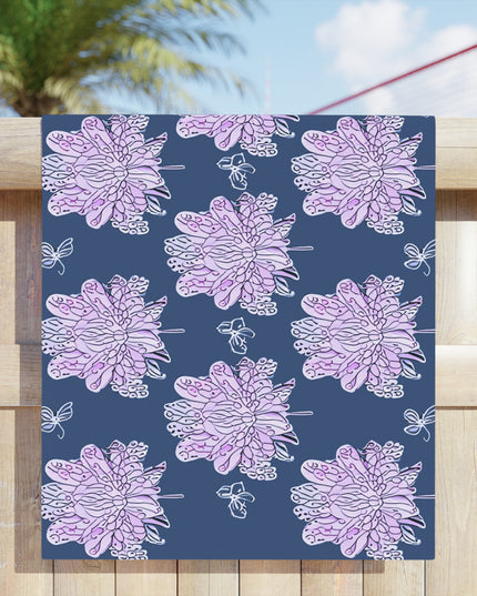 Purple White Floral Butterflies Beach Towel, 30" x 60"