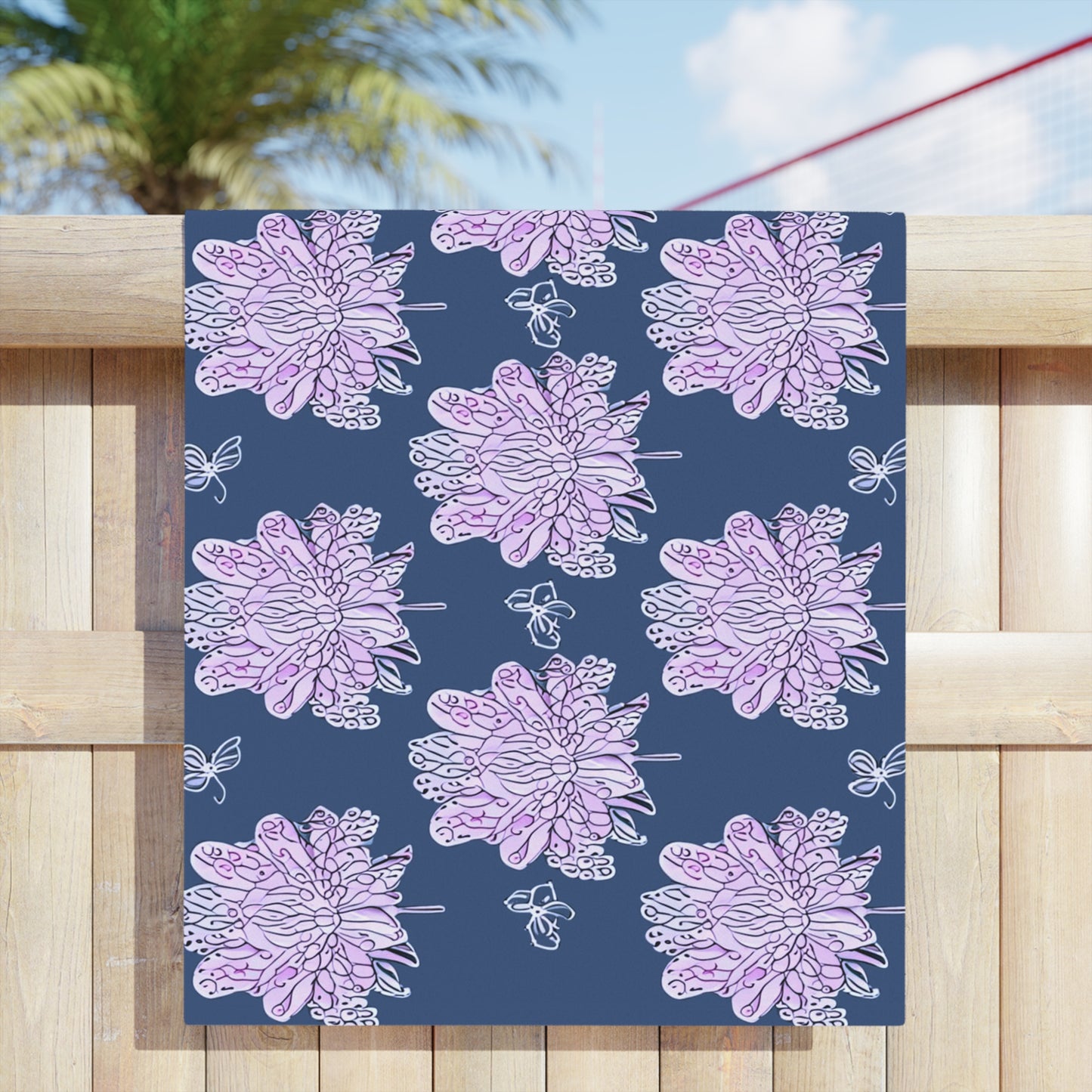 Purple White Floral Butterflies Beach Towel, 30" x 60"