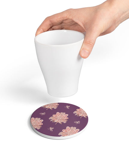 Pink Floral Butterflies 4" x 4" Round Ceramic Coaster