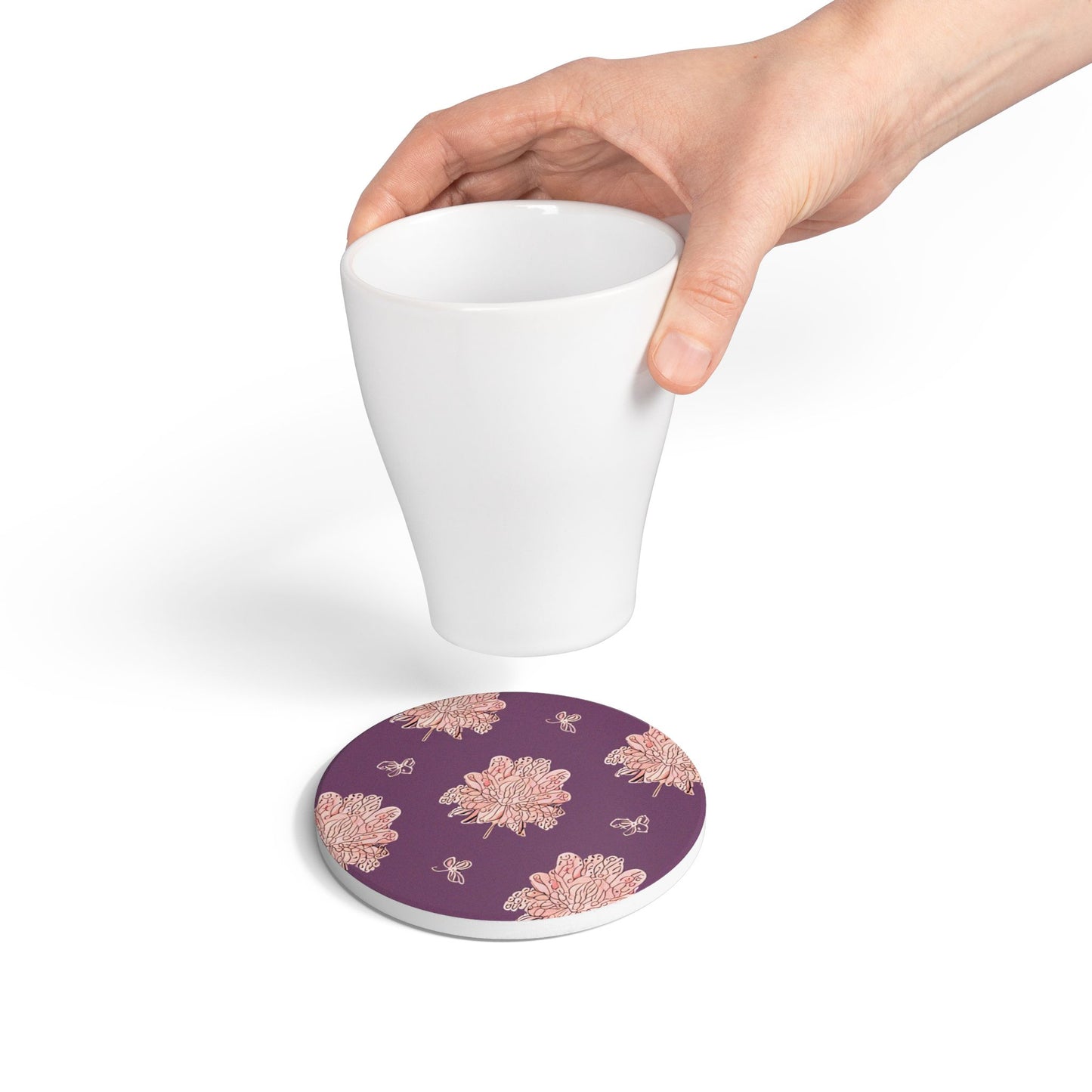 Pink Floral Butterflies 4" x 4" Round Ceramic Coaster